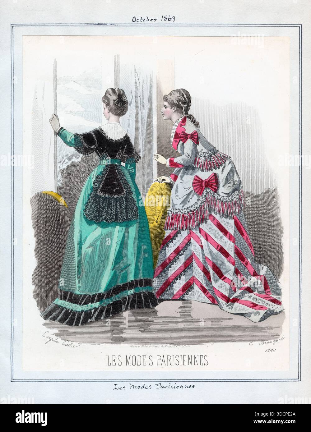 Hand coloured engraving print of costumes Les Modes Parisienne , fashion  plates French costume clothing clothes, from October 1869 19th century  antique print art artwork cartoon womens dresses Stock Photo - Alamy