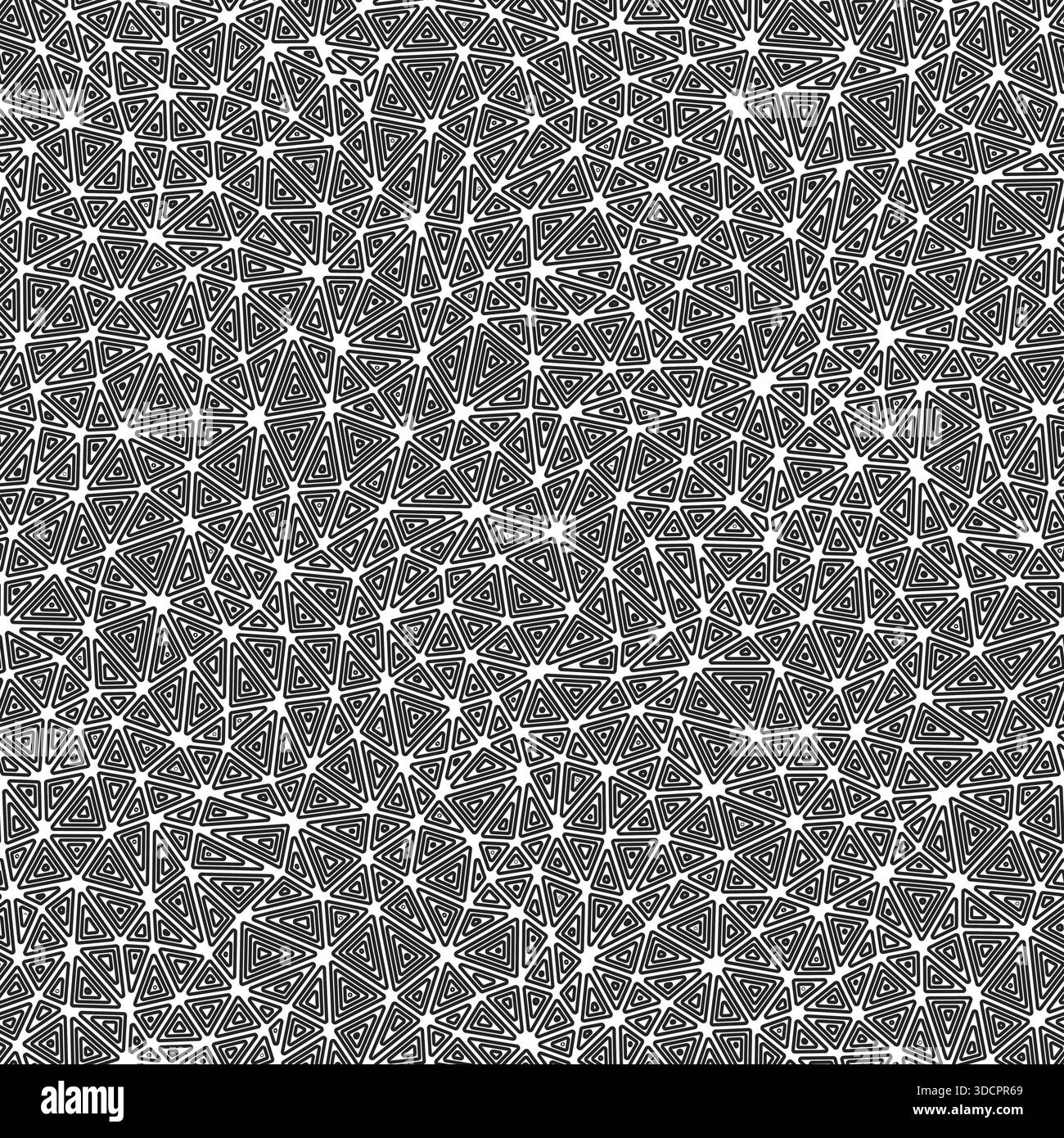 Mosaic triangle shapes background. Small shape size. Multiple repeated inner triangles. Black and white style. Repeatable pattern. Stock Vector