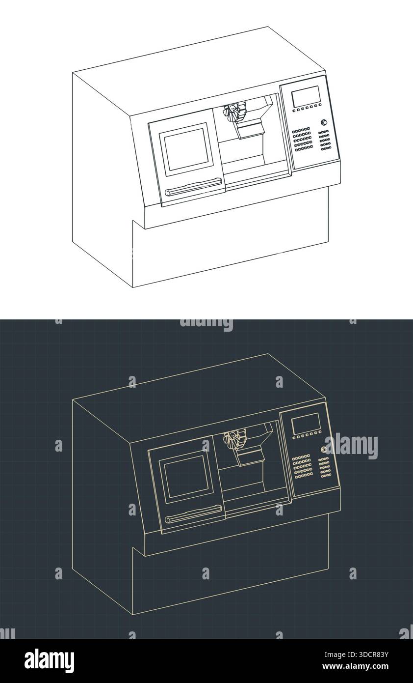 Cnc lathe machine isometric drawings stylized vector illustrations Stock Vector