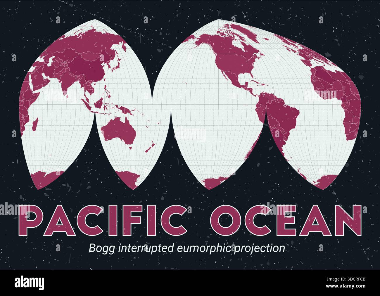 World map featuring the Bogg interrupted eumorphic projection, centered on the Pacific Ocean. Stock Vector