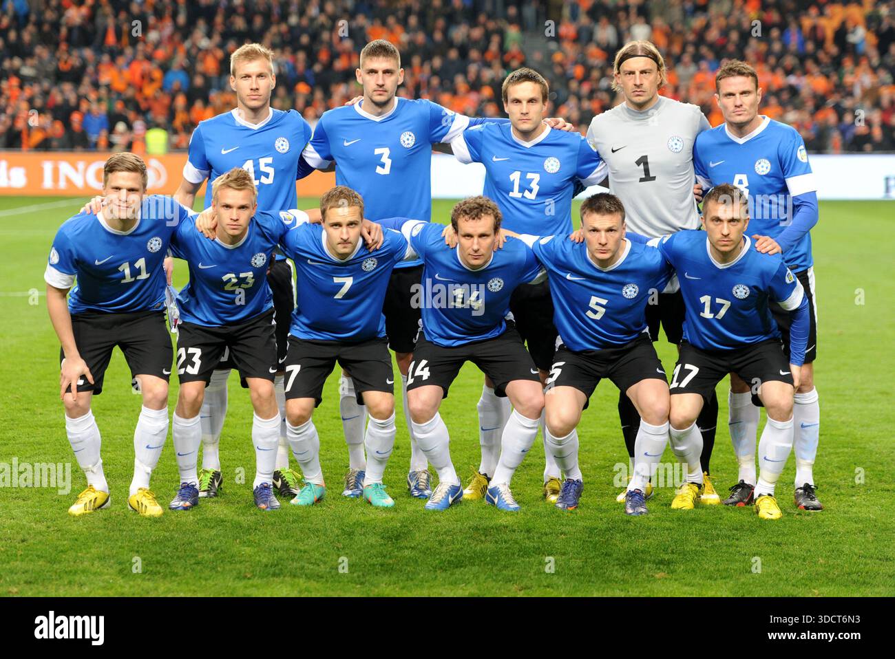 Amsterdam NL 22-03-2012 World Cup Qualifier The Netherlands vs Estonia The Estonian team l-r 15- Ragnar Klavan (c) 3- Igor Morozov, 13- Martin Vunk, 1 Stock Photo