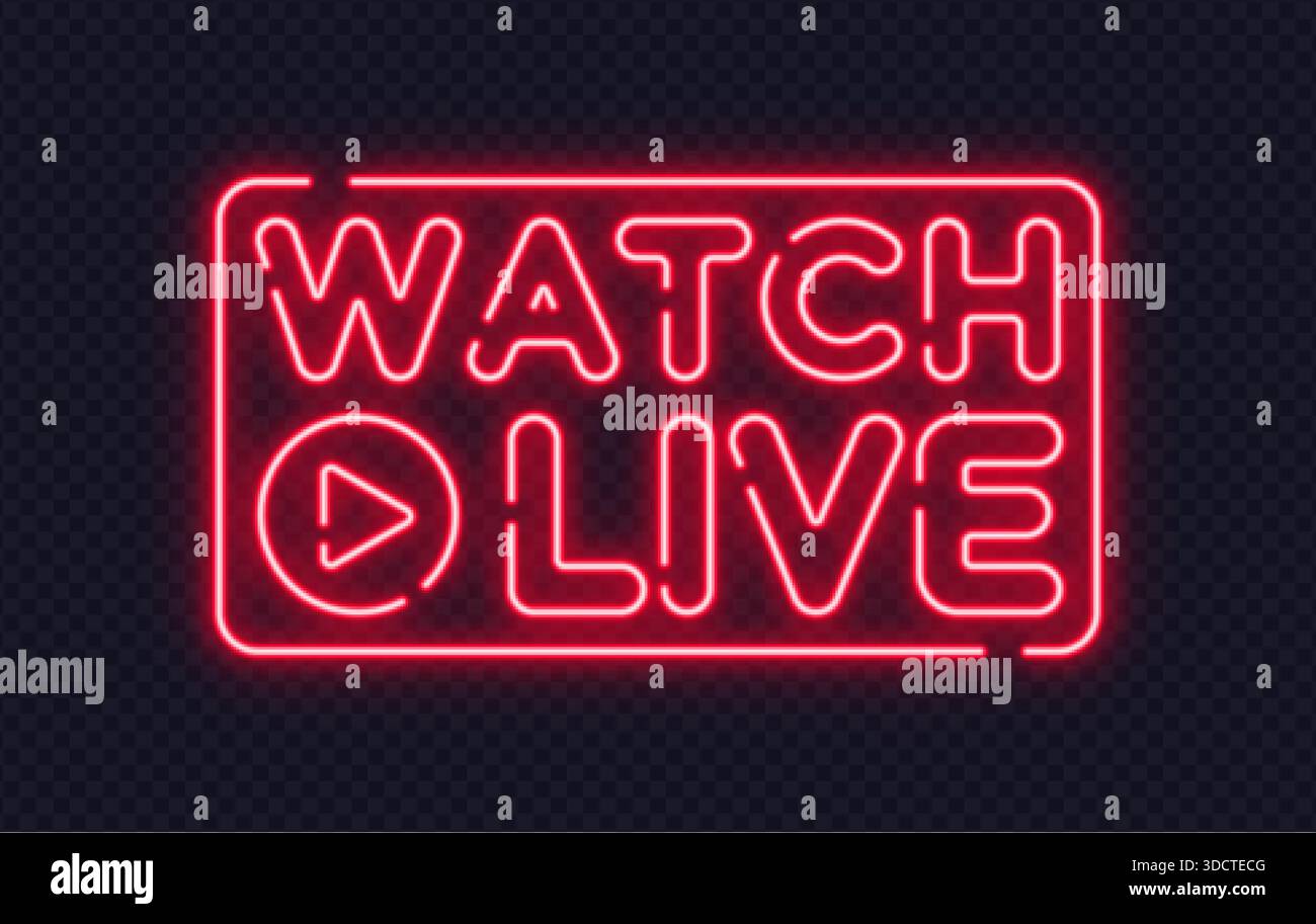 Red neon watch live sign with play icon, created for streaming, events, and media promotions. Strong glow attracts attention in dark layouts. Stock Vector