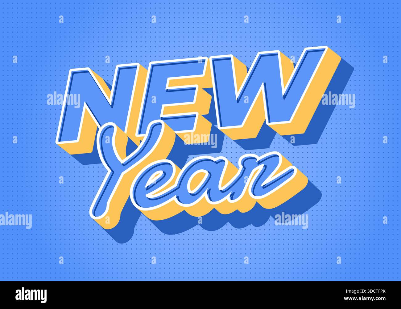 Bold 3D text New Year on a blue dotted background. - Stock Image