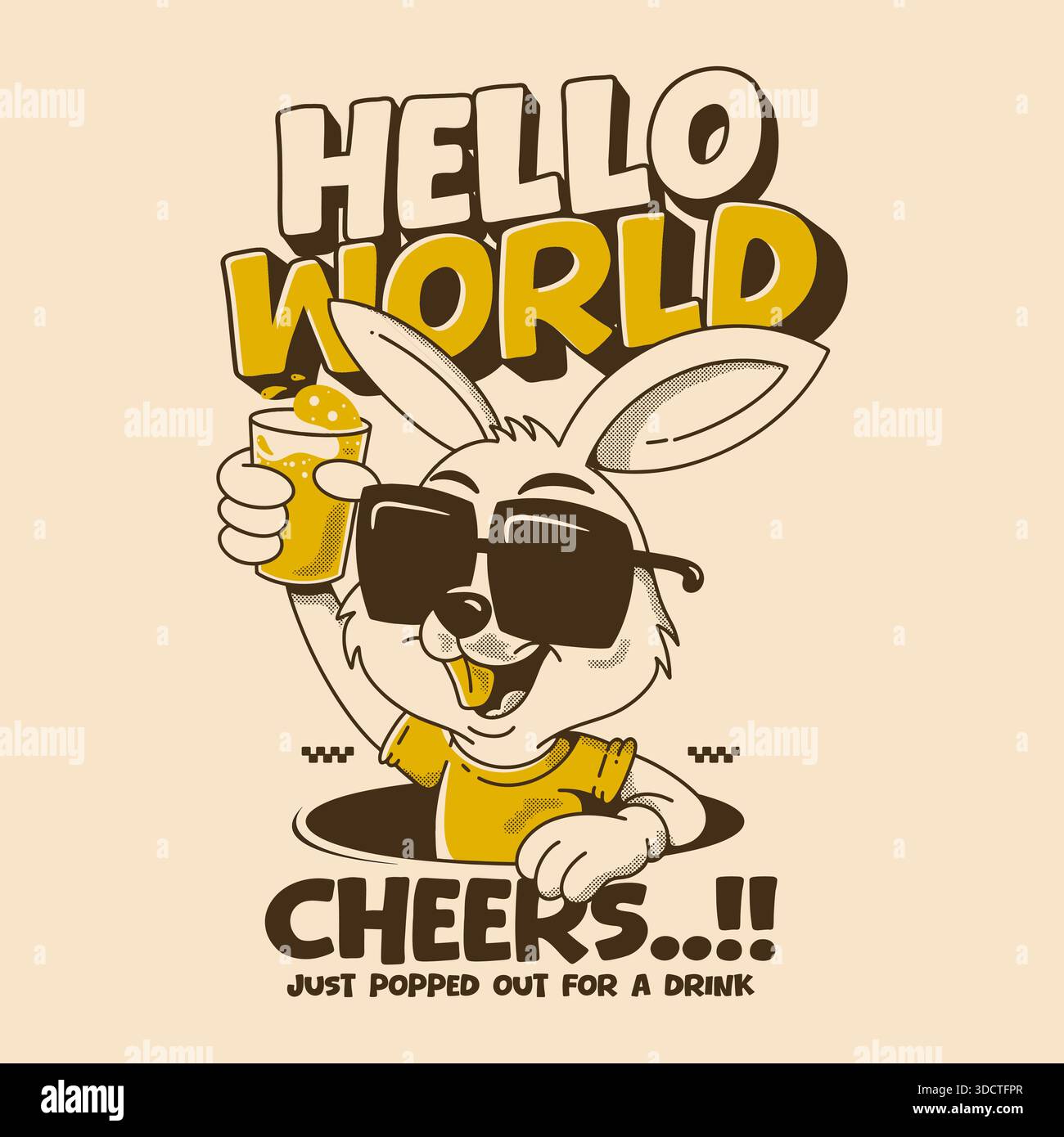 Cartoon rabbit with sunglasses holding a drink, text Hello World and Cheeks..!! Just popped out for a drink. - Stock Image