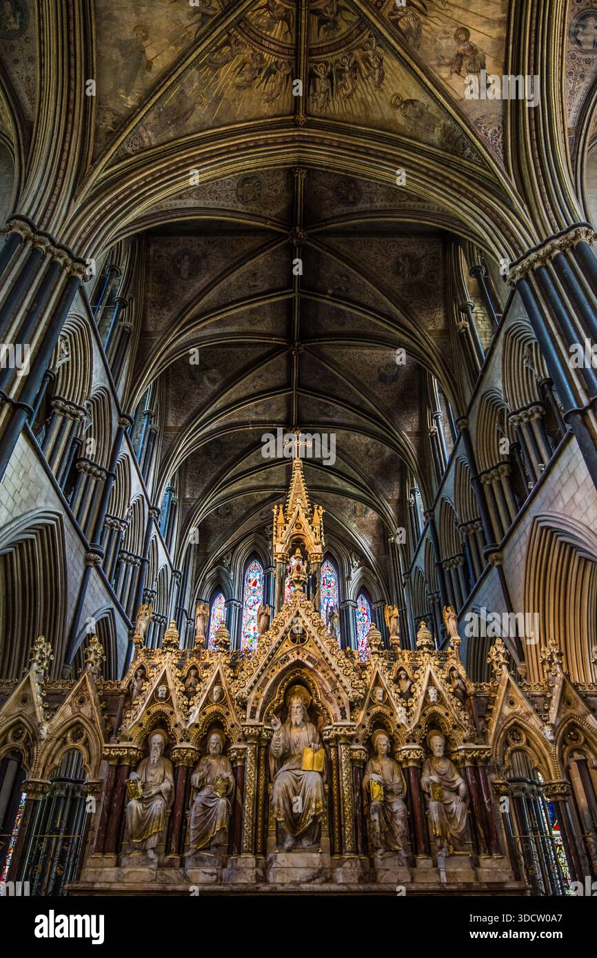 Interior view of the High Altar and reredos with painted vaulted ...