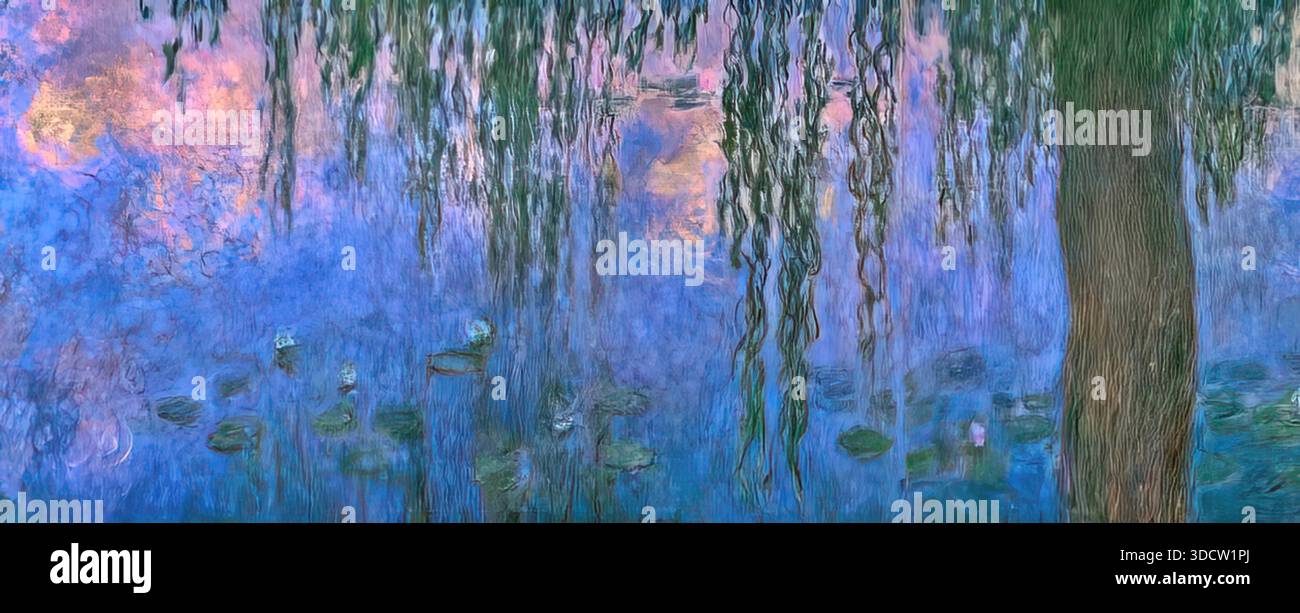 Claude Monet water lily pond with willows, morning with willows 1920 serene  impressionist pond Stock Vector Image \u0026 Art - Alamy, image size:1300x613