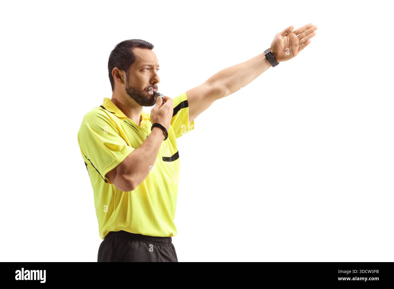 Football referee showing offside isolated on white background Stock ...