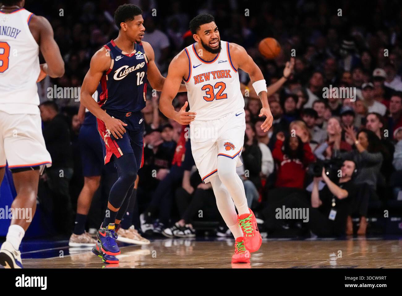 New York Knicks center Karl-Anthony Towns (32) reacts after scoring ...
