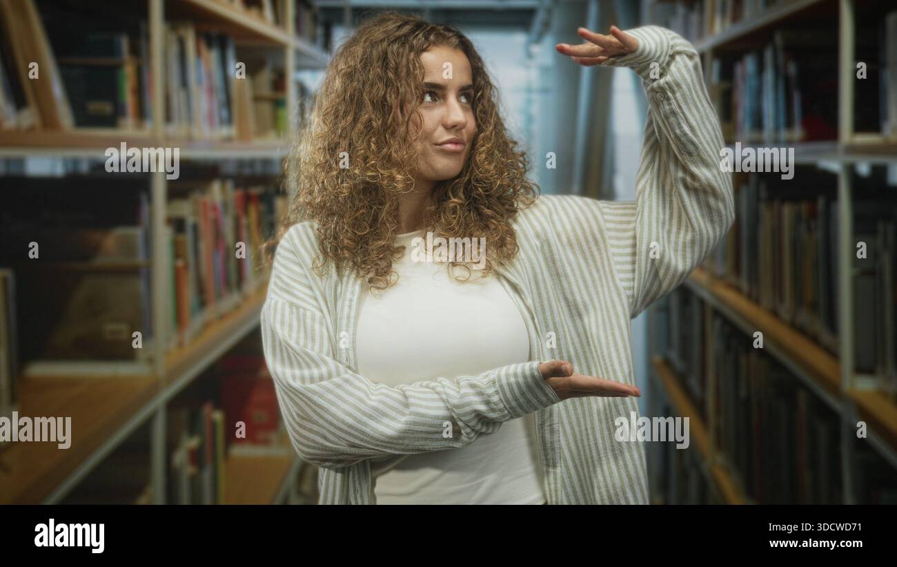 Woman with curly hair presenting with palm up and raised hand between ...