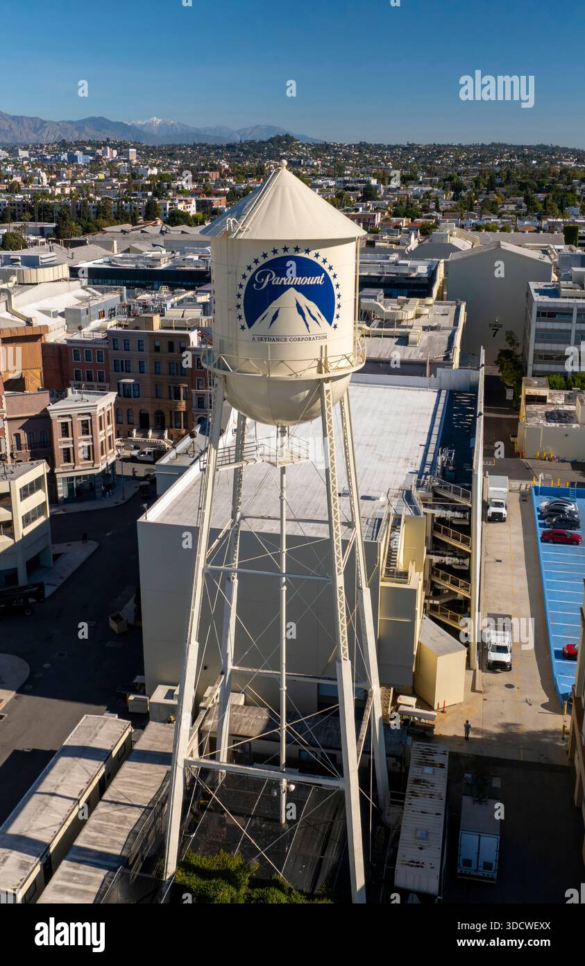 Los Angeles California. USA: 2025 December 9. Motion picture industry studio. Paramount Pictures, The Studios at Paramount Pictures. Aerial water tank Stock Photo