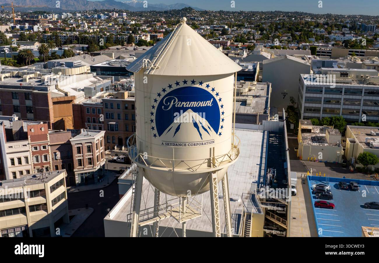 Los Angeles California. USA: 2025 December 9. Motion picture industry studio. Paramount Pictures, The Studios at Paramount Pictures. Aerial water tank Stock Photo