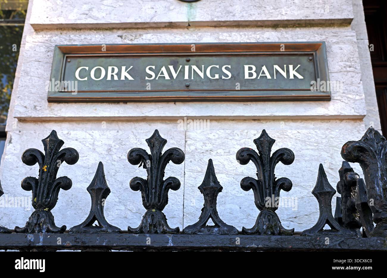 Signage and architectural detail of the Cork Savings Bank building on South Mall, Cork City (postal district T12), County Cork, Ireland. Stock Photo