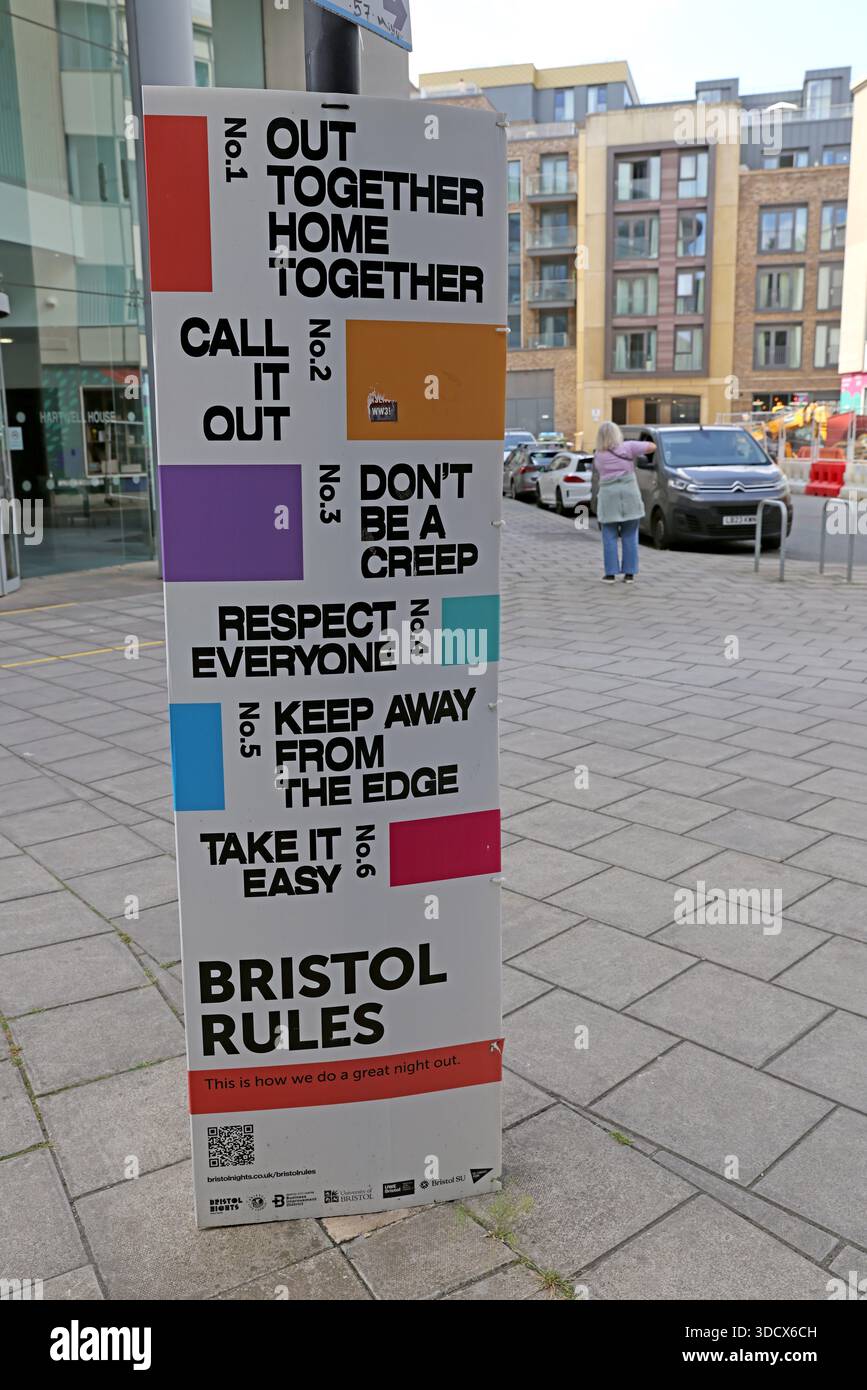 “Bristol Rules” public behaviour sign on Victoria Street, Bristol BS1 6HY, England, UK, promoting respect, safety and inclusive behaviour in the city Stock Photo