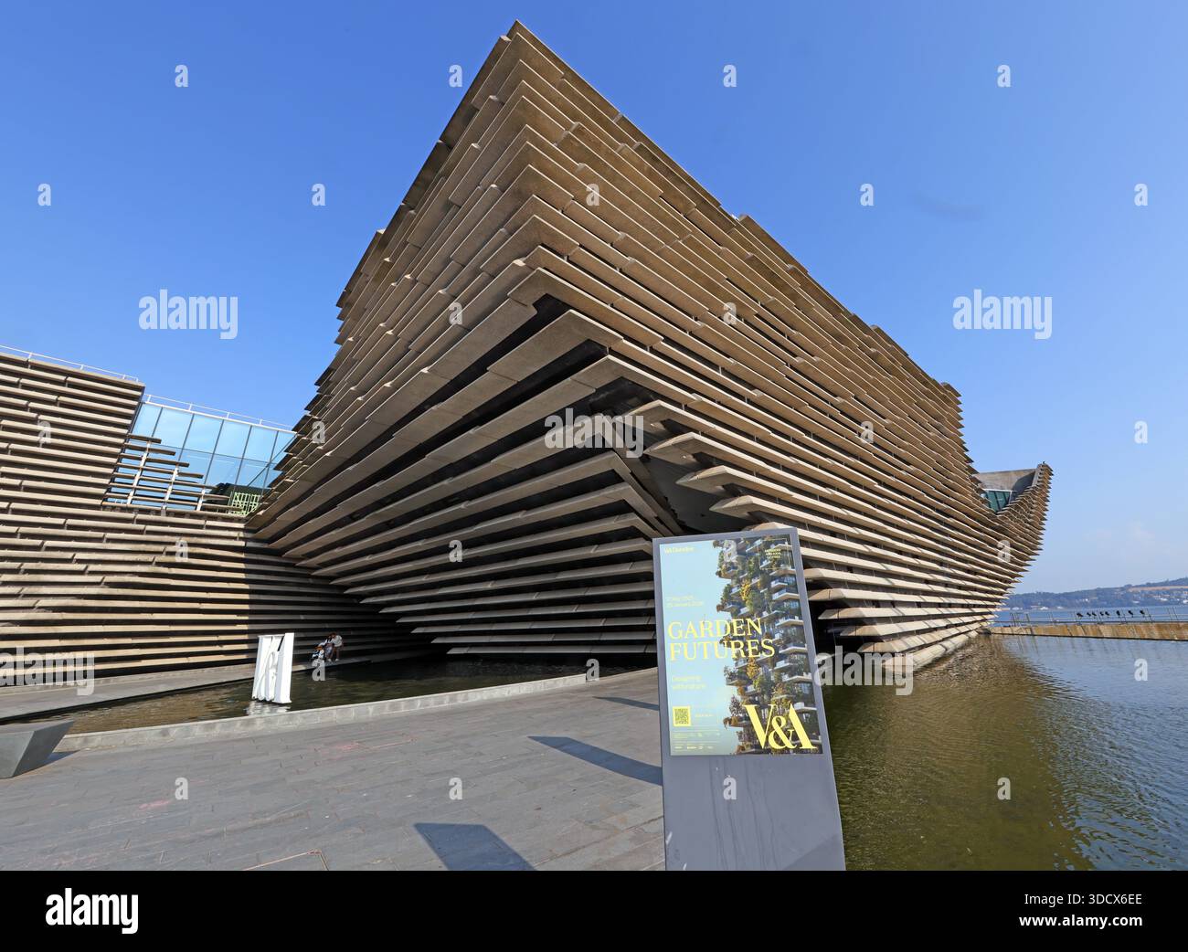 Exterior of V&A Dundee, Scotland’s design museum, on the River Tay, featuring signage for the “Garden Futures” exhibition, 1 Riverside Esplanade Stock Photo