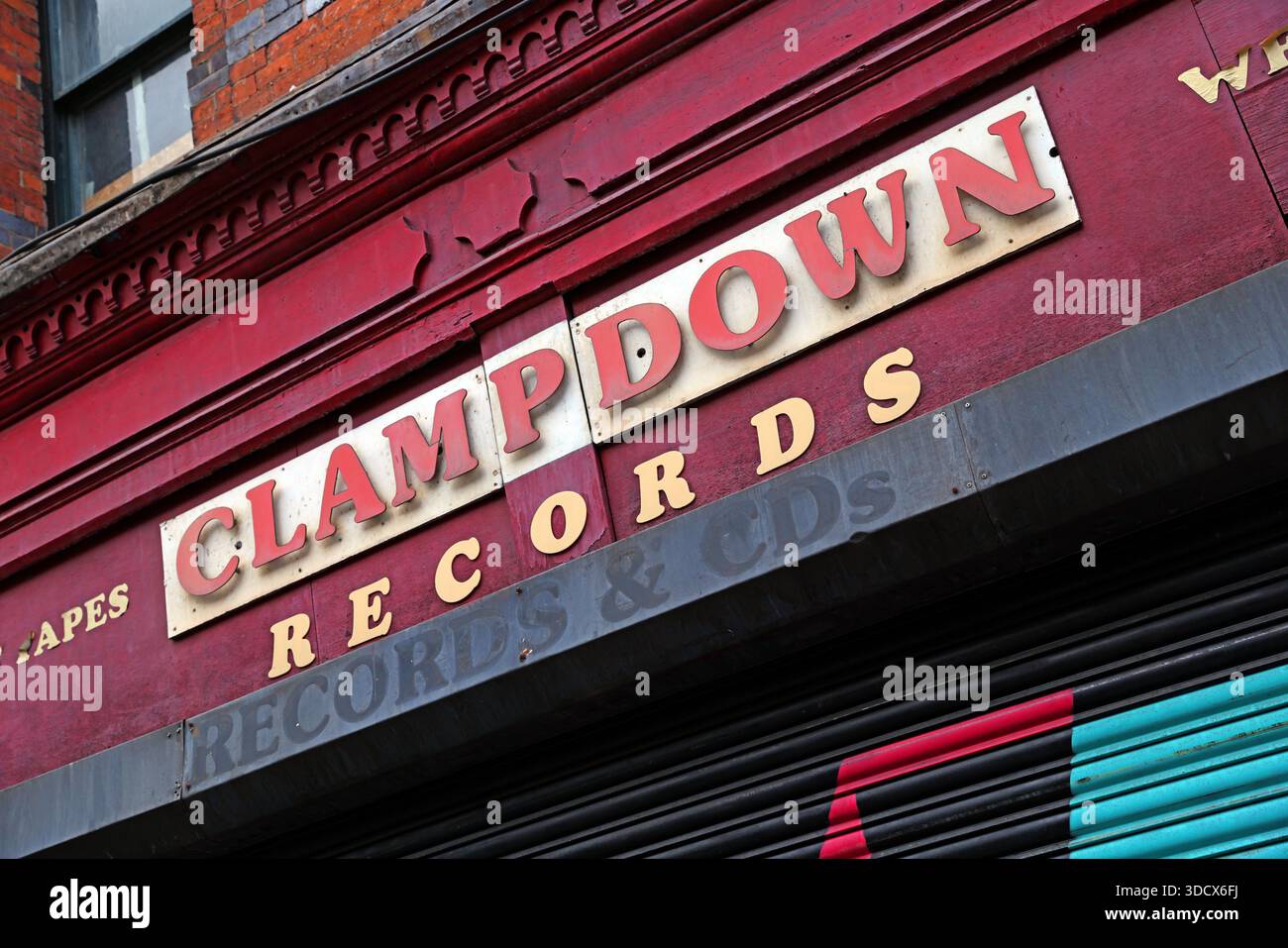 Signage and exterior detail of Clampdown Records, independent N4Q record shop on Paton Street in Manchester city centre, located at 9–11 Paton Street Stock Photo