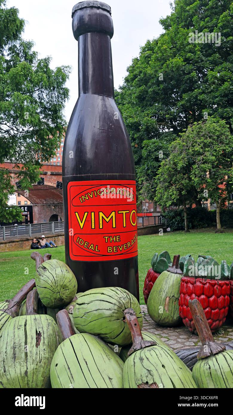The sculpture “A Monument to Vimto” located in Vimto Park on Granby Row, Manchester M1 7HR, England, UK. The artwork commemorates the Vimto creation Stock Photo