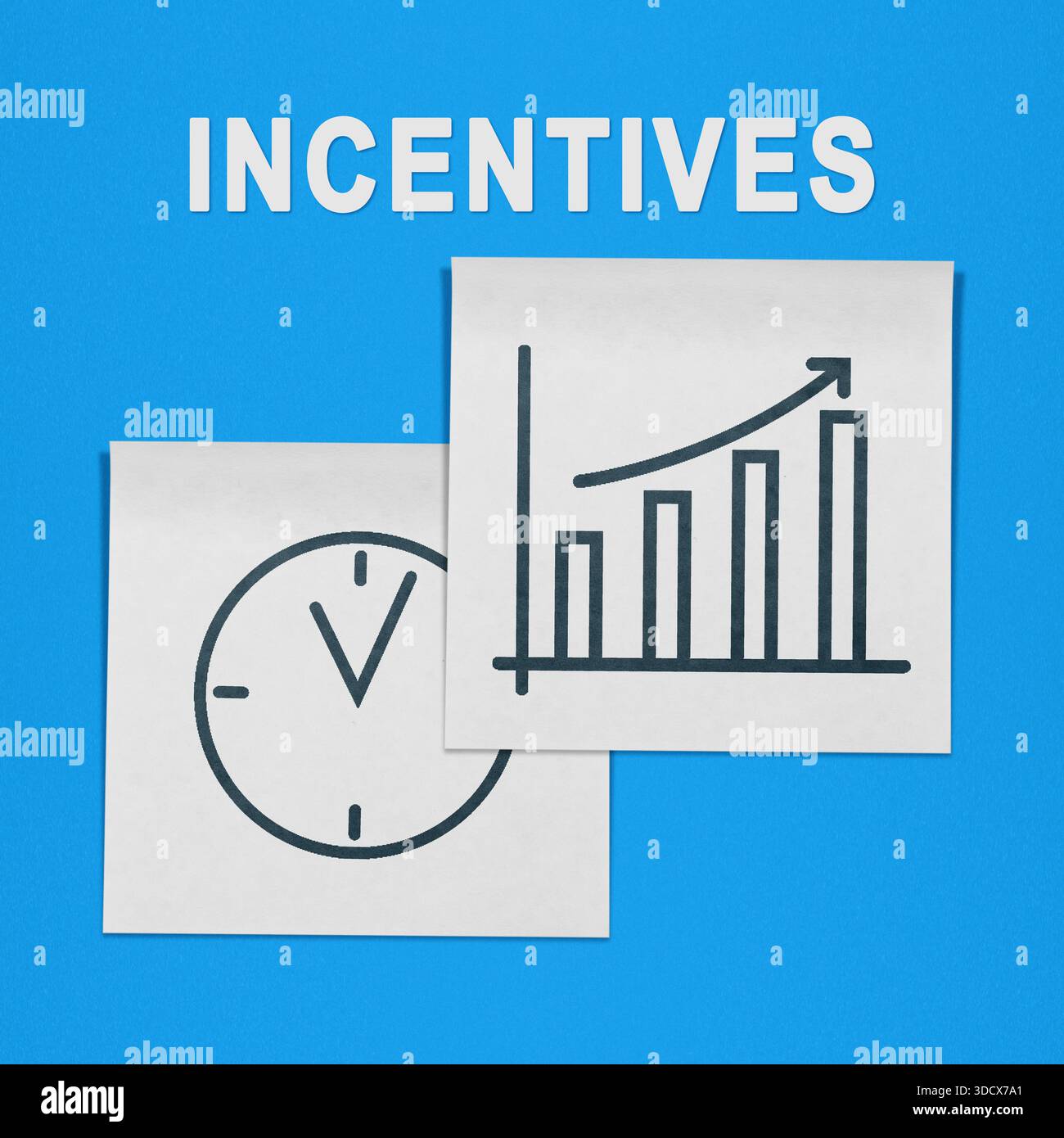 Incentives shown using hand drawn graph and clock on sticky notes placed on a blue background. Stock Photo