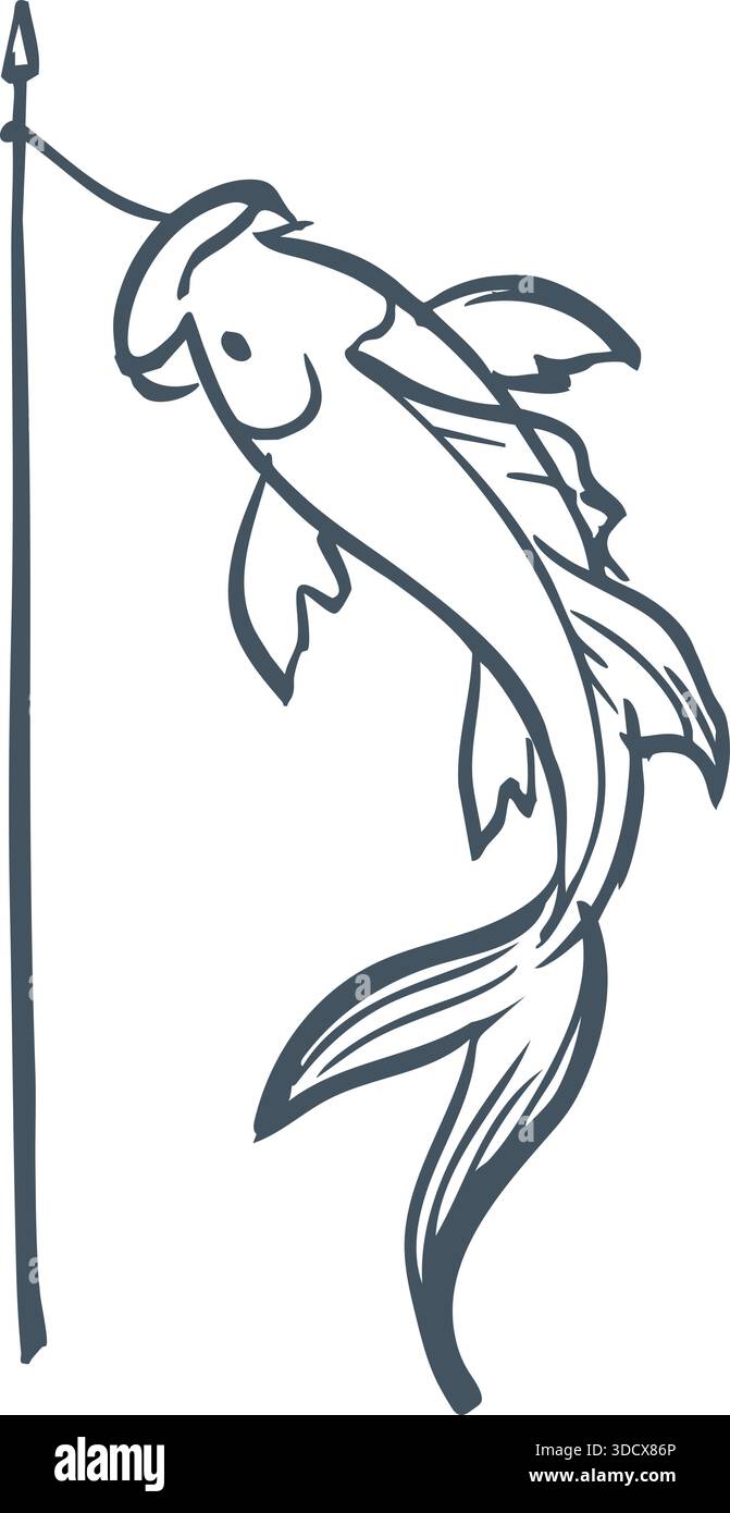 drawlings of fish sitting on hooks Sketch of a fish caught on a hook hanging from a vertical fishing line  Stock Vector Image & Art