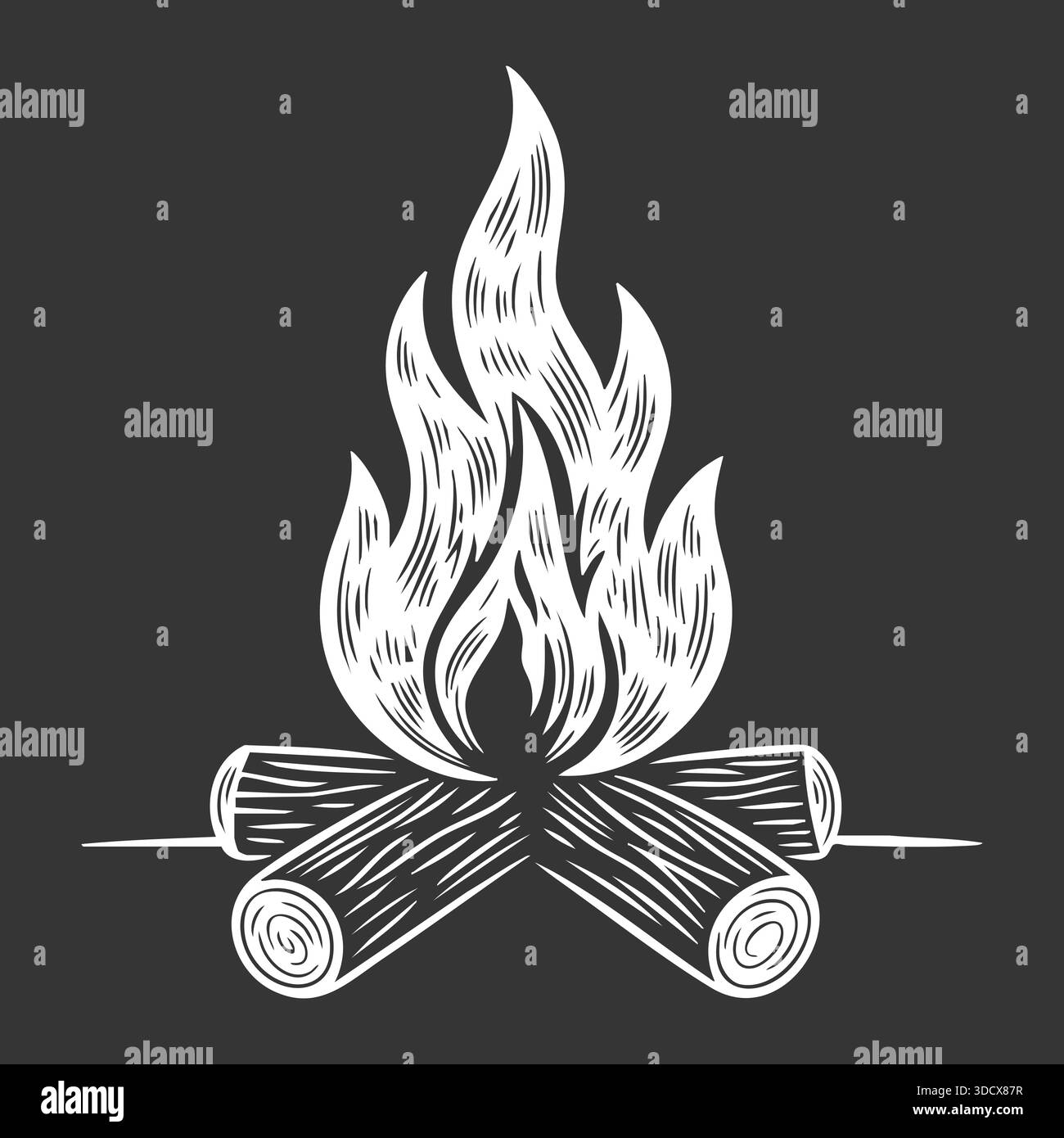 Stylized flame rising above crossed logs for a classic campfire symbol ...