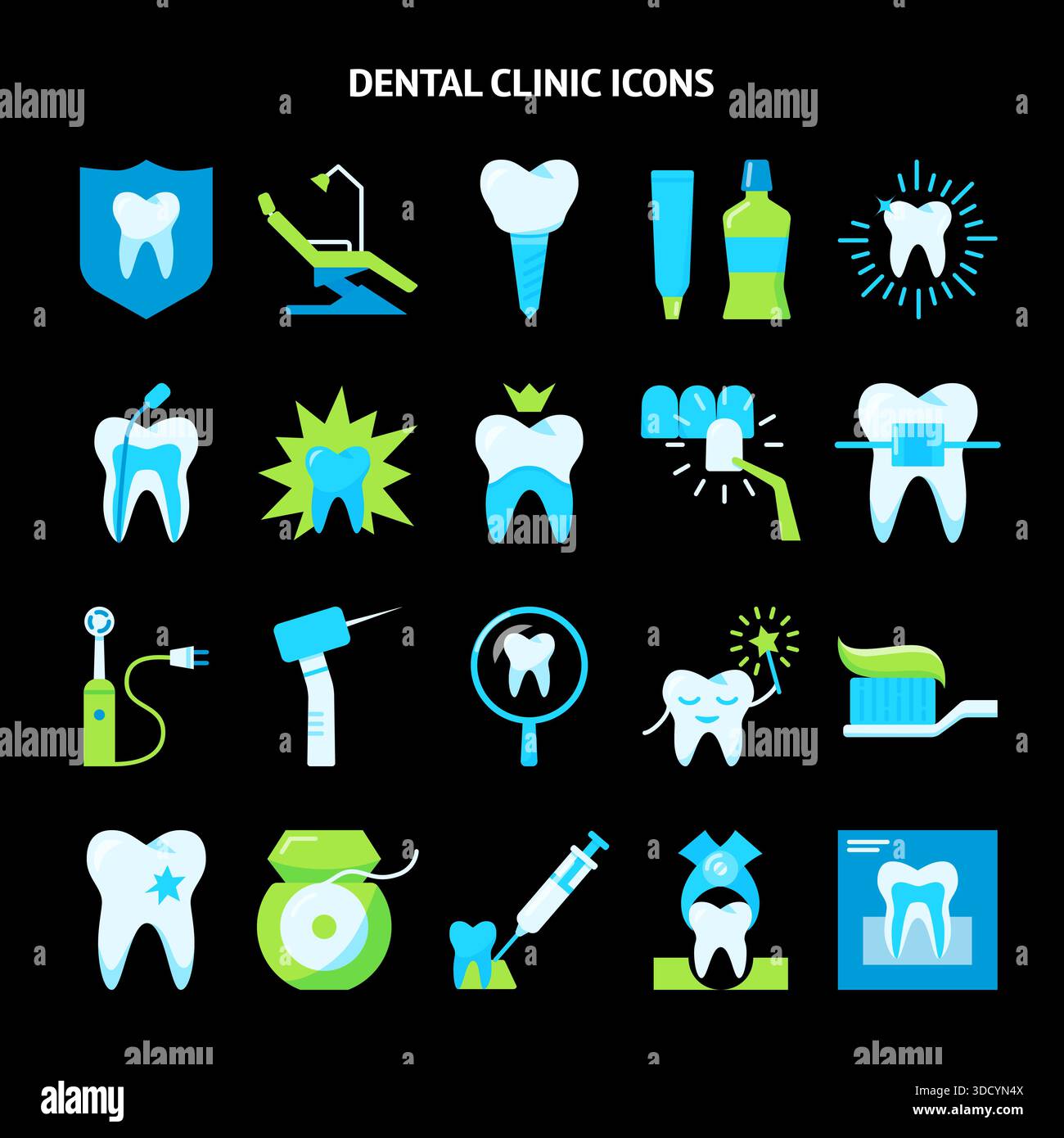 Stomatology and orthodontics icon set in flat style. Teeth care and dental treatment symbols on dark background. Vector illustration. Stock Vector