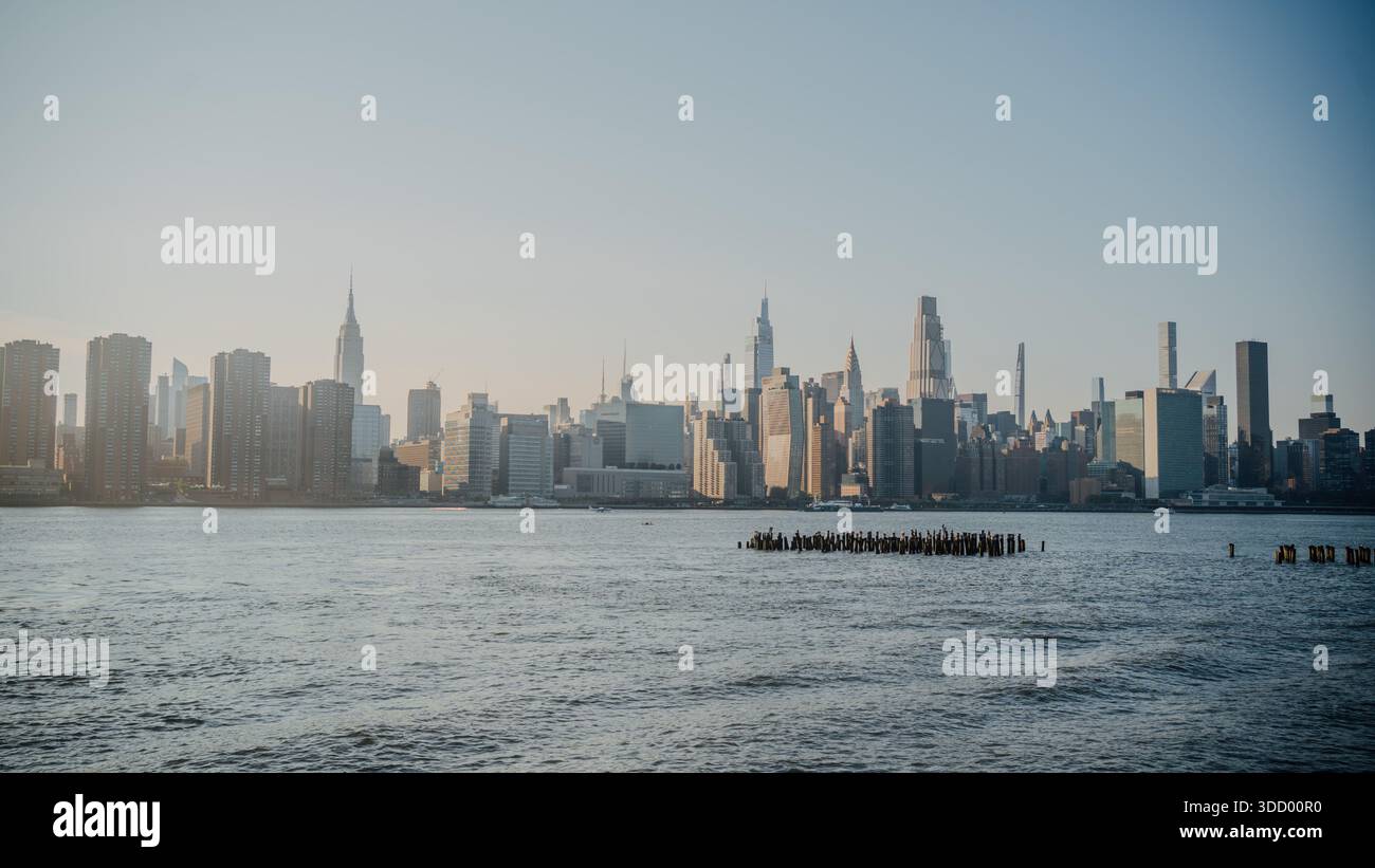 View of Manhattan from Brooklyn over the river East river. Stock Photo