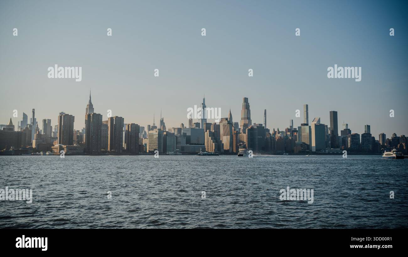View of Manhattan from Brooklyn over the river East river. Stock Photo