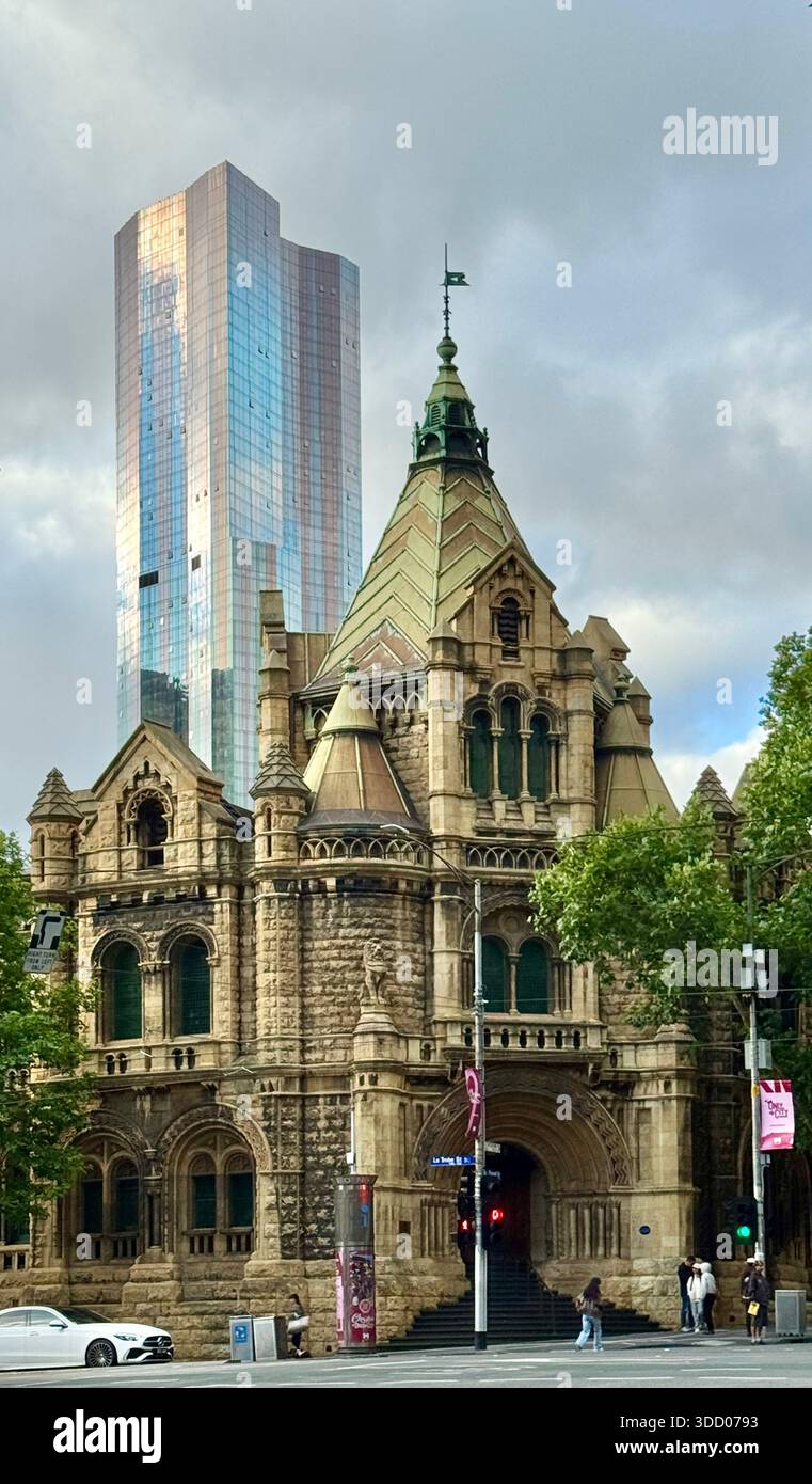 Building 20 former Magistrates Court housing RMIT Chancellery and Swanston Central residential tower in background Melbourne Victoria Australia - Smartphone Captured Stock Image