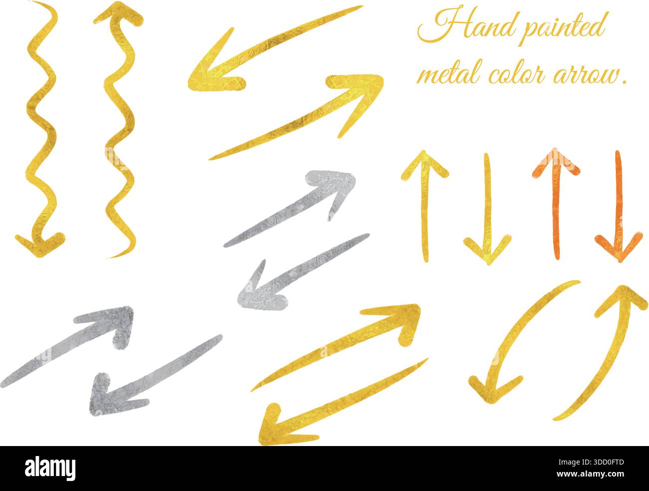 Golden silver hand drawn arrows set. Stock Vector