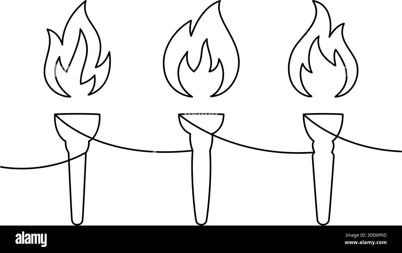 Set of three continuous line torch drawings. Minimalist one line vector ...