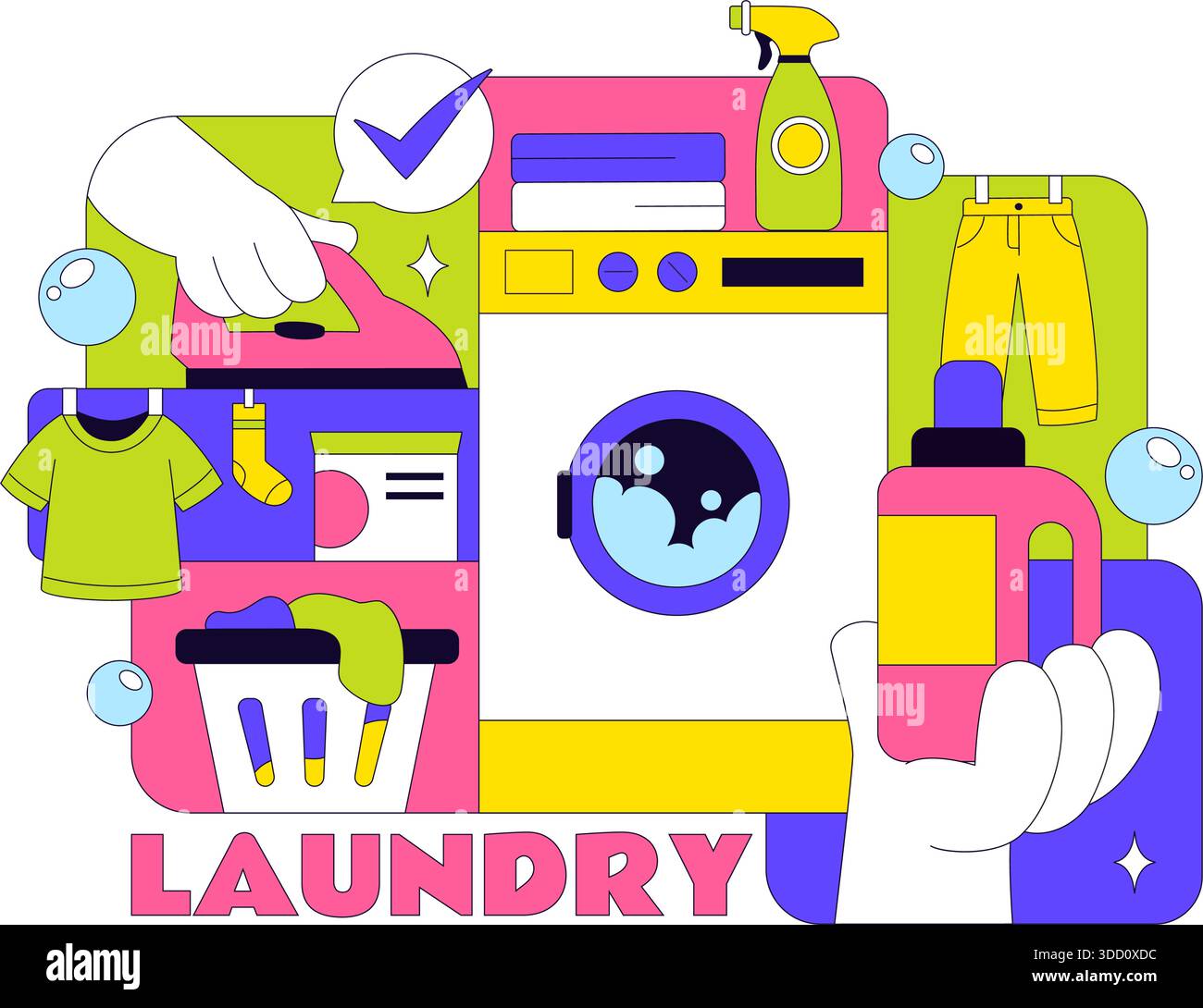 Laundry Room Vector Illustration Featuring Washing And Drying Machines, Basket Filled Dirty Clothes in a Flat Style Cartoon Background Stock Vector