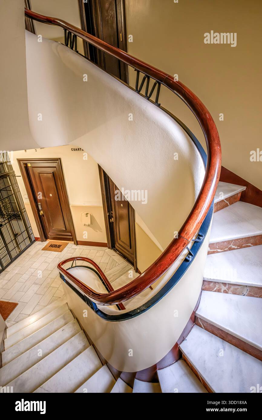 Spiral Staircase In Barcelona Building, Vintage Interior Architecture, Luxury Residential House, Spain Stock Photo
