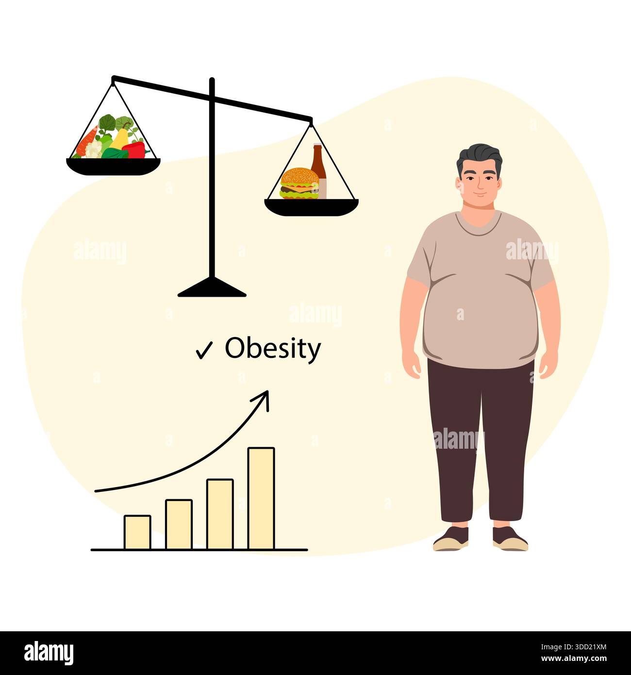 Obesity concept illustration with overweight man, imbalance scale with ...