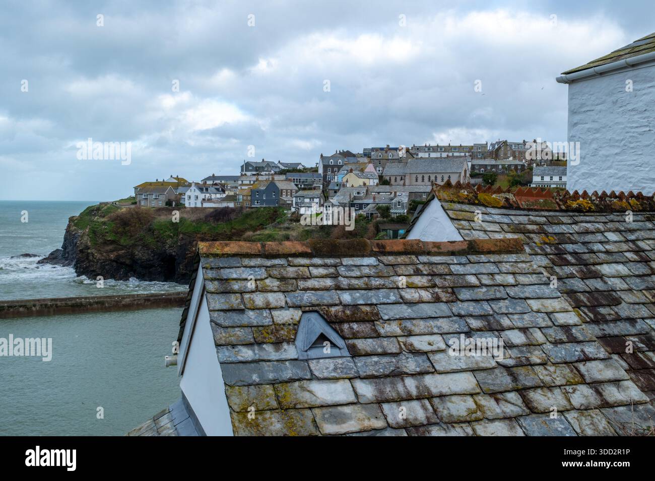Roof views from Roscarrock Hill in Port Isaac looking across the harbour Stock Photo