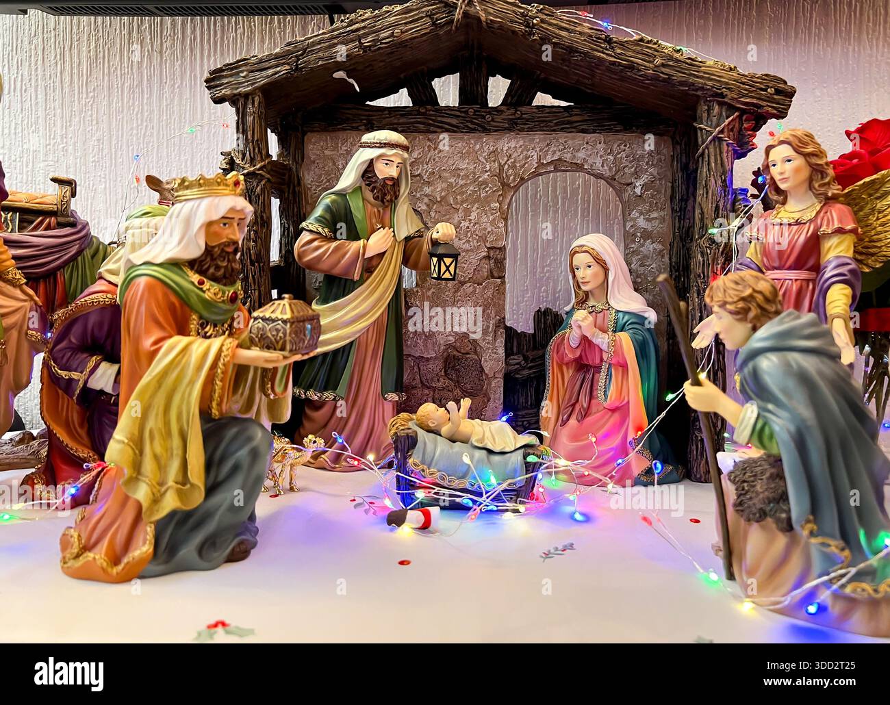 Christmas nativity scene depicting shepherds and wise men visiting baby ...