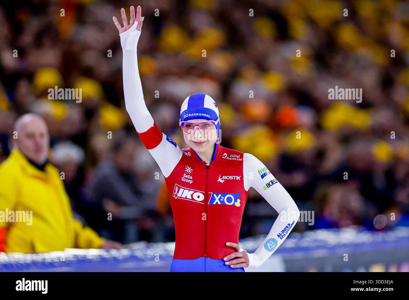 Joy Beune of Team IKO X2O wave before competing on the Women's 3000m on ...