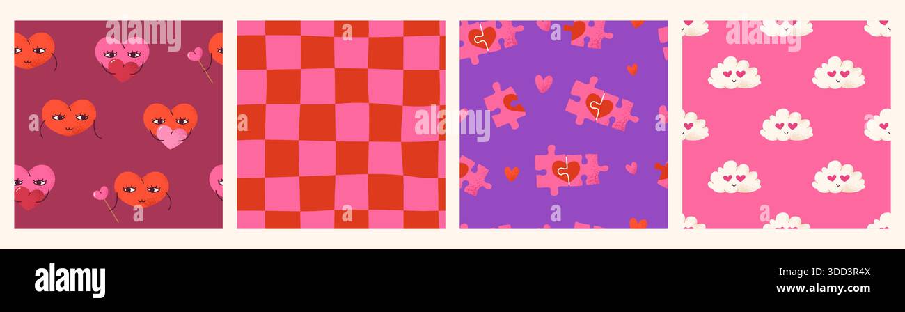 Grainy Seamless Pattern Set for Valentines Day. Stock Vector