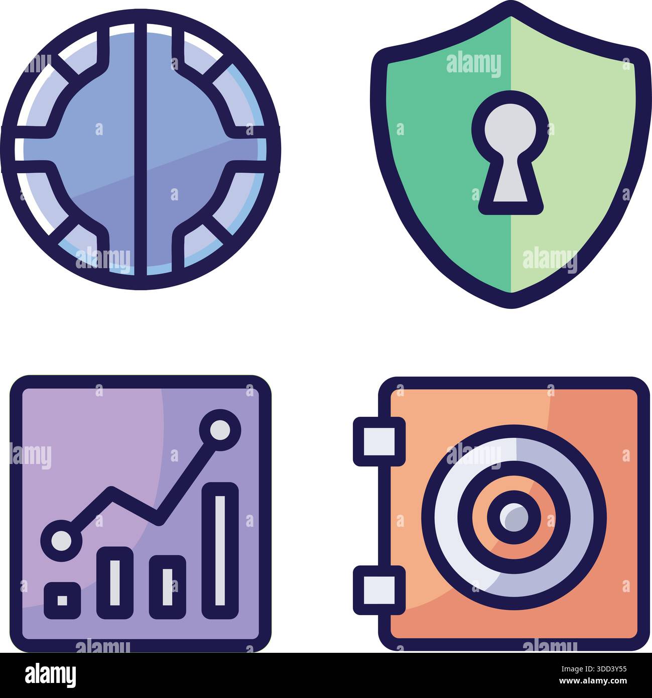 A four panel grid showing technology themed icons including shield analytics safe and control dial. Stock Vector