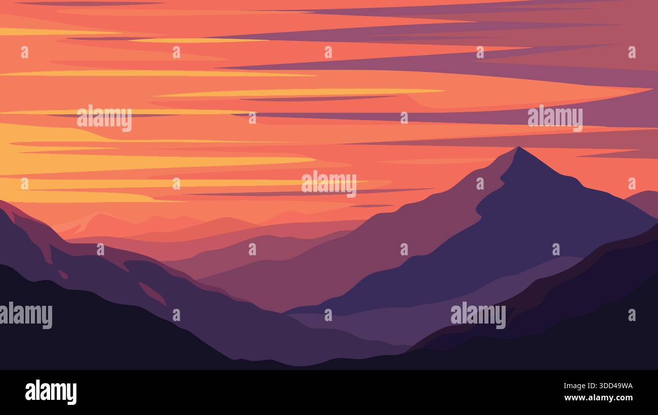 Minimalist Mountain Sunset Landscape Illustration with Colorful Sky ...