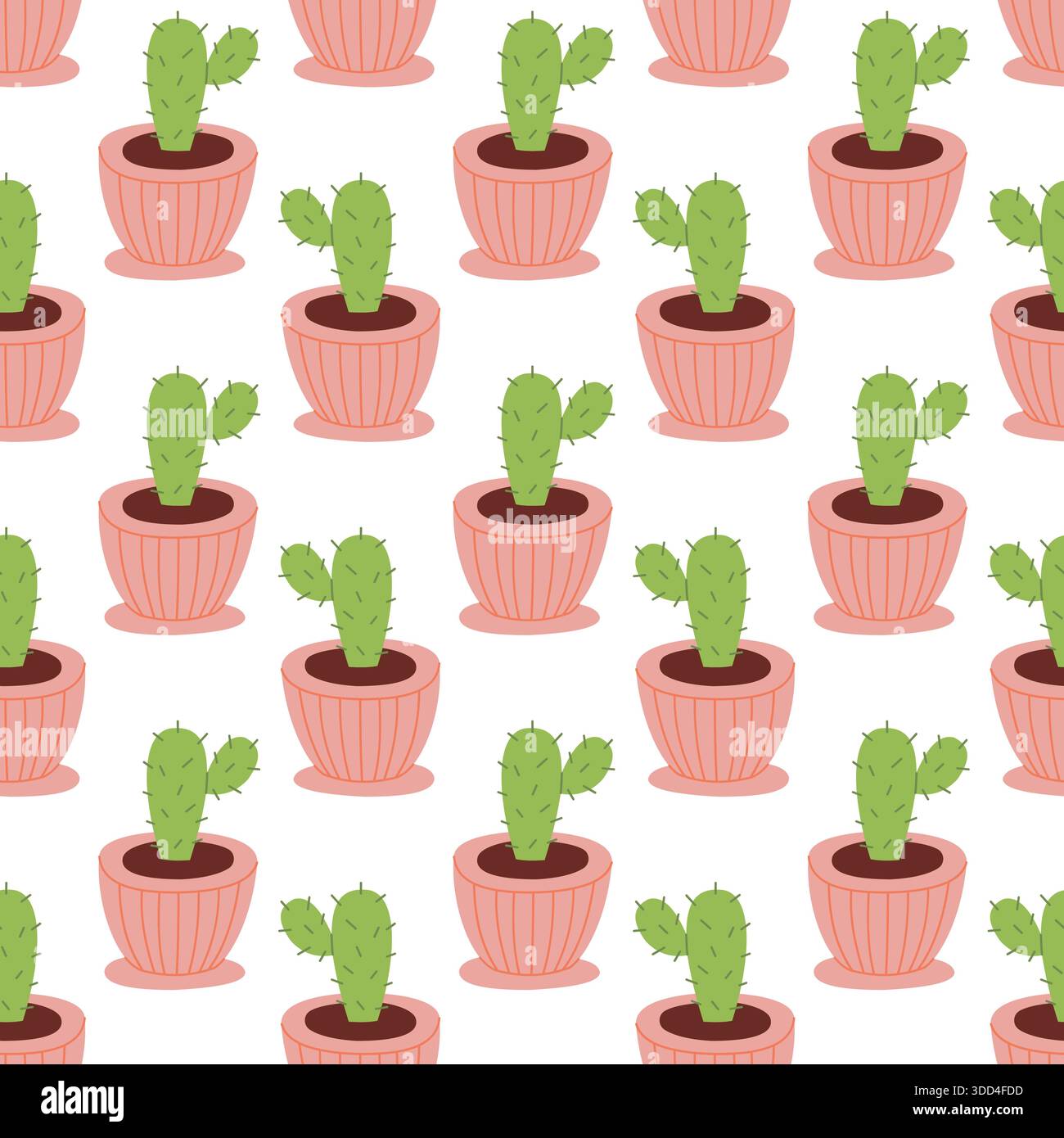 Cute Seamless Cactus Pattern in Pots Hand Drawn Illustration Stock Vector