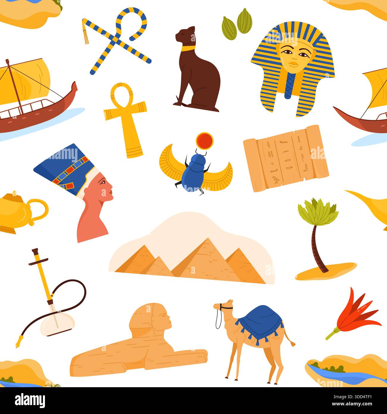 Egyptian culture icons including pyramids, pharaoh mask, sphinx, scarab ...