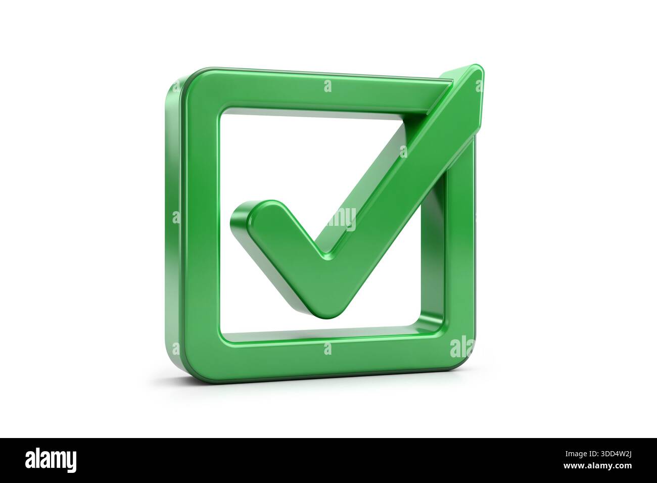 3d rendering of a glossy green check mark symbol inside a rounded ...