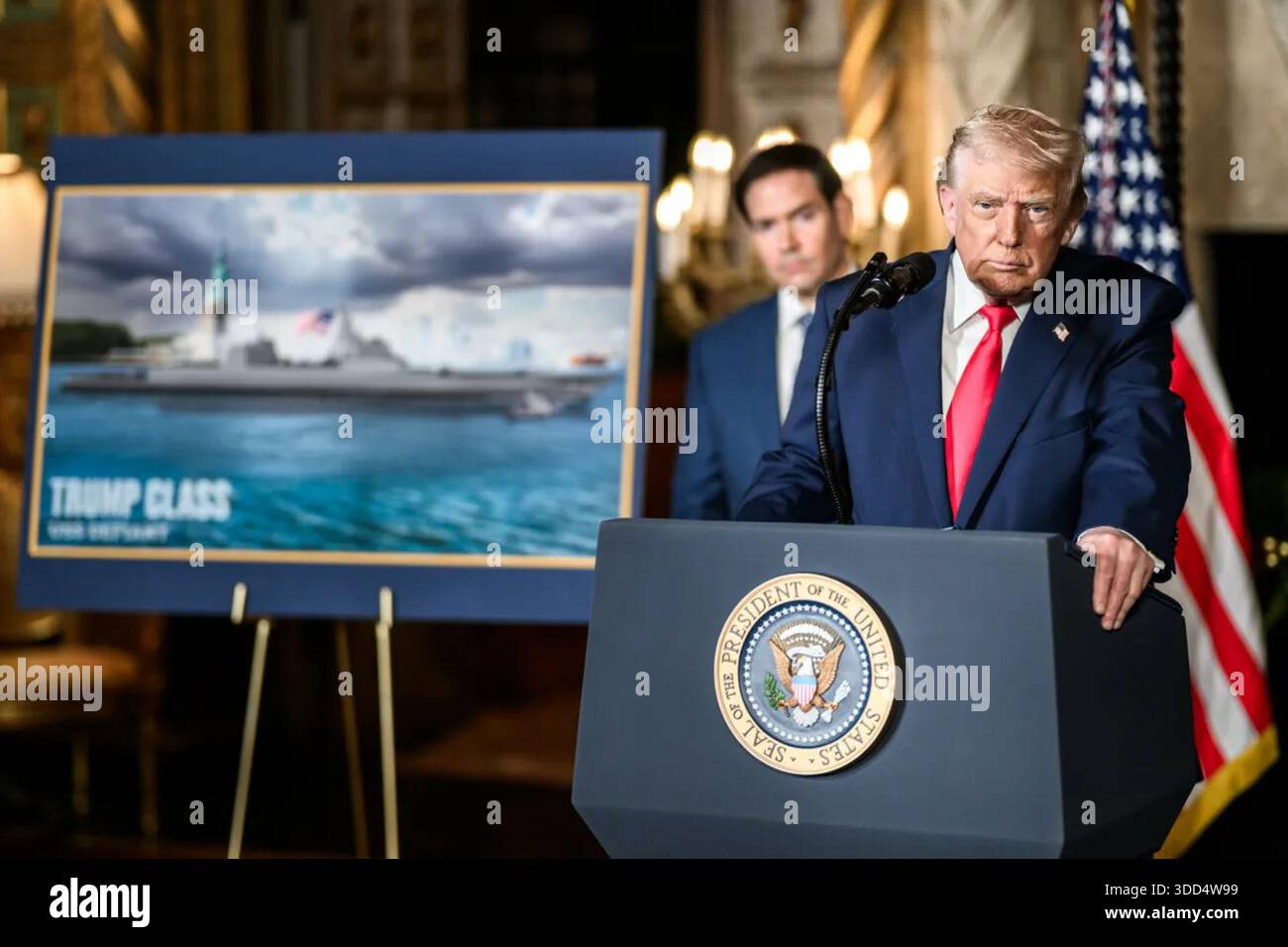 President Donald Trump speaks at a podium while announcing plans for a ...