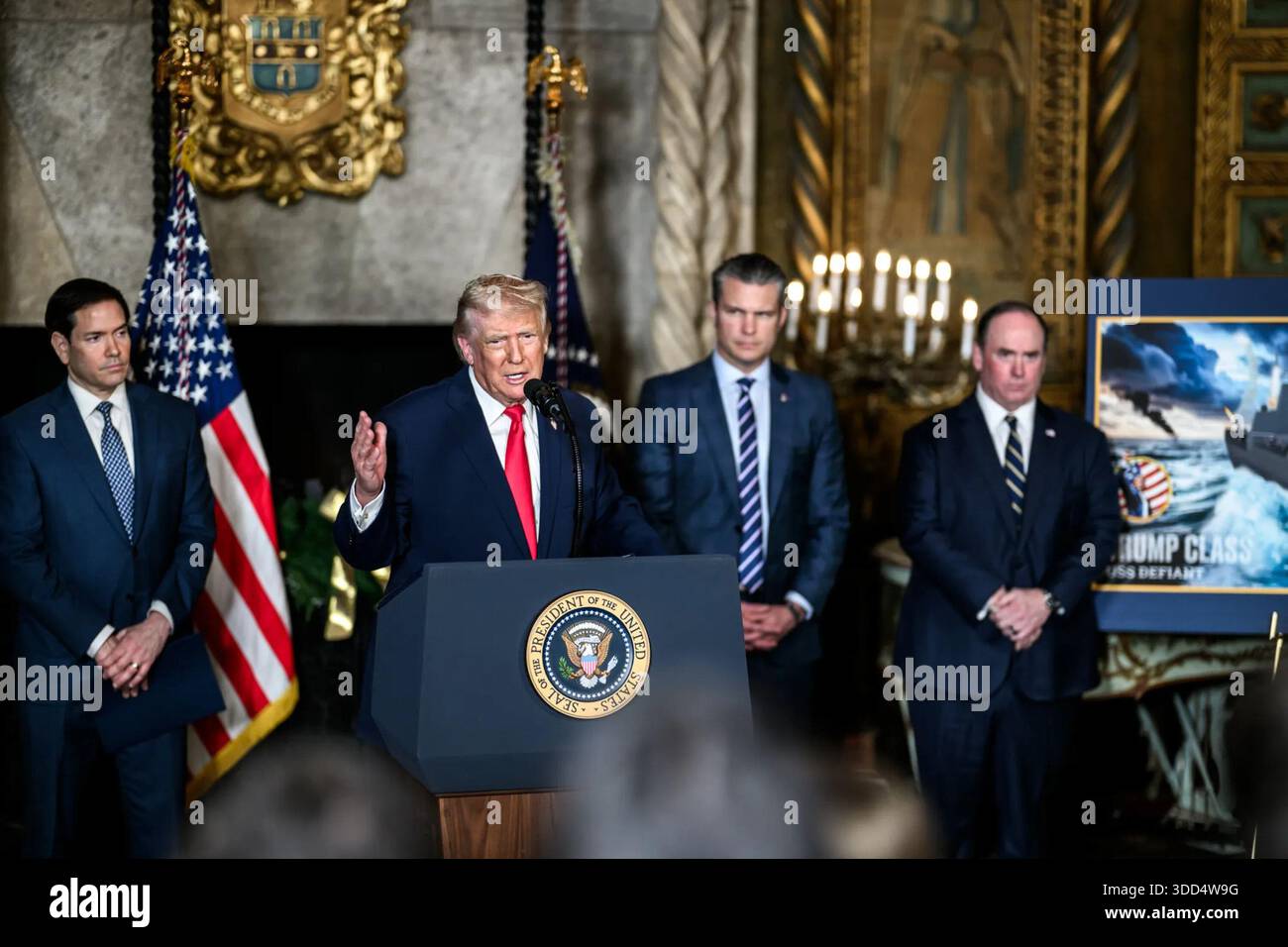 President Donald Trump speaks from a podium flanked by U.S. officials ...