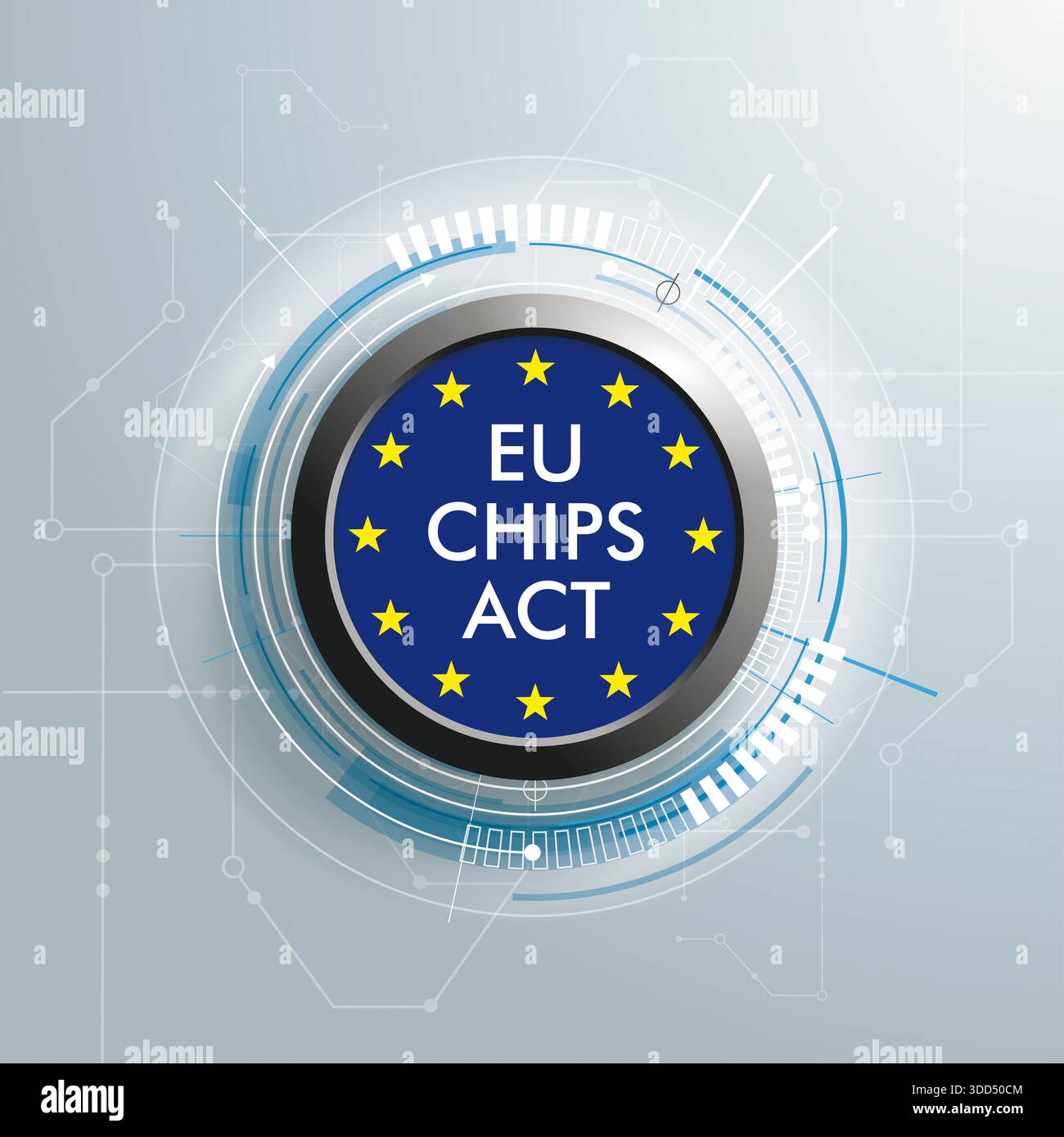 Abstract network background with a button with EU Flag and with the text EU Chips ACT. Eps 10 vector file. Stock Photo