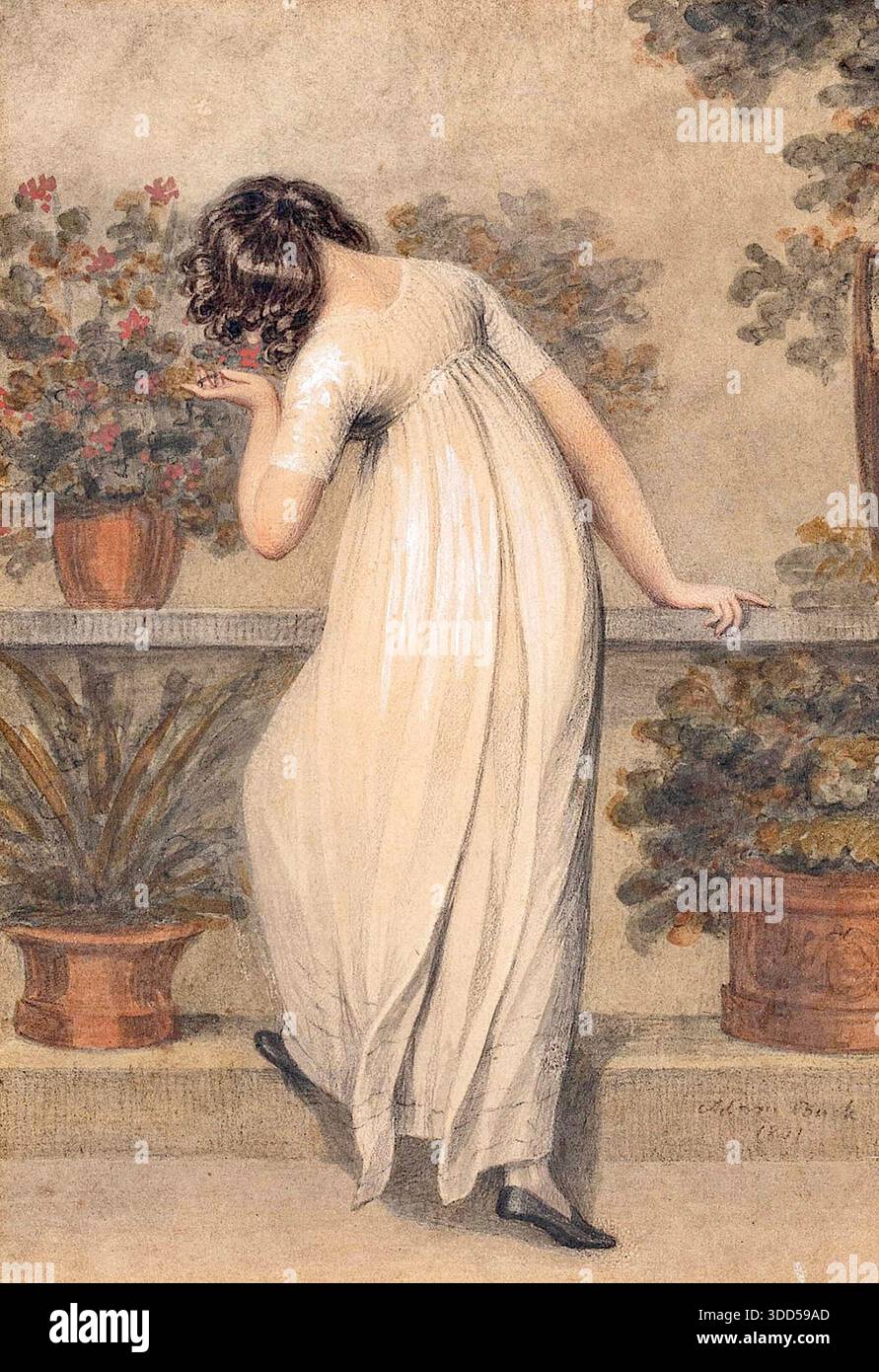 Adam Buck - 'Girl on a Terrace - 1807 - The artwork depicts a woman in a  white Empire-line dress, characteristic of the Regency era fashion around  the early 19th century Stock Photo - Alamy