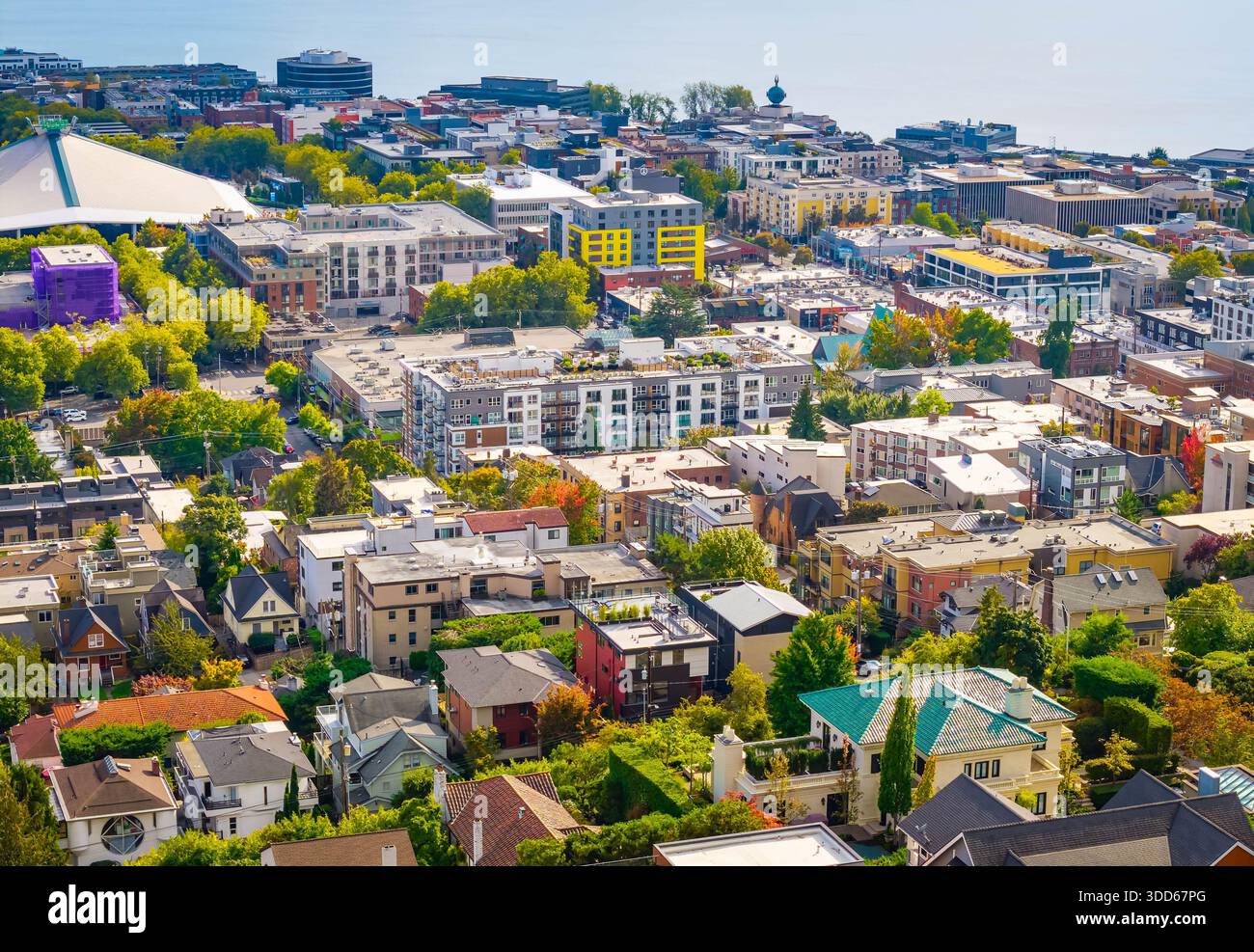Seattle, WA, USA - September 21, 2025: An elevated view captures the dense cluster of Seattle downtown buildings, showcasing the urban core's architec Stock Photo