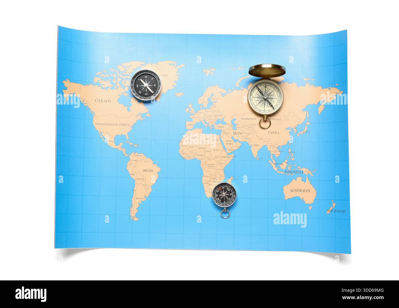 Different modern compasses and world map isolated on white background Stock Photo