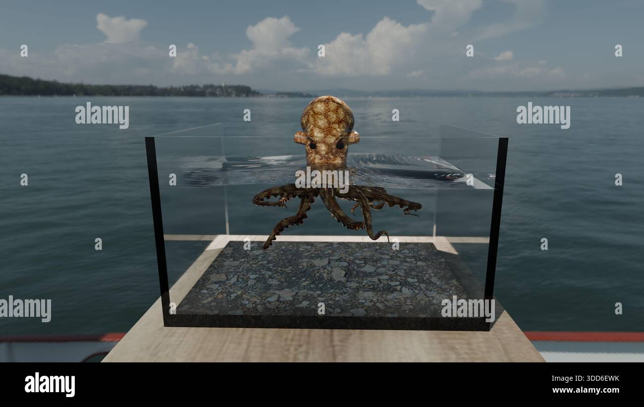 Realistic rendering of a 3D model of an octopus in an aquarium aboard a ...