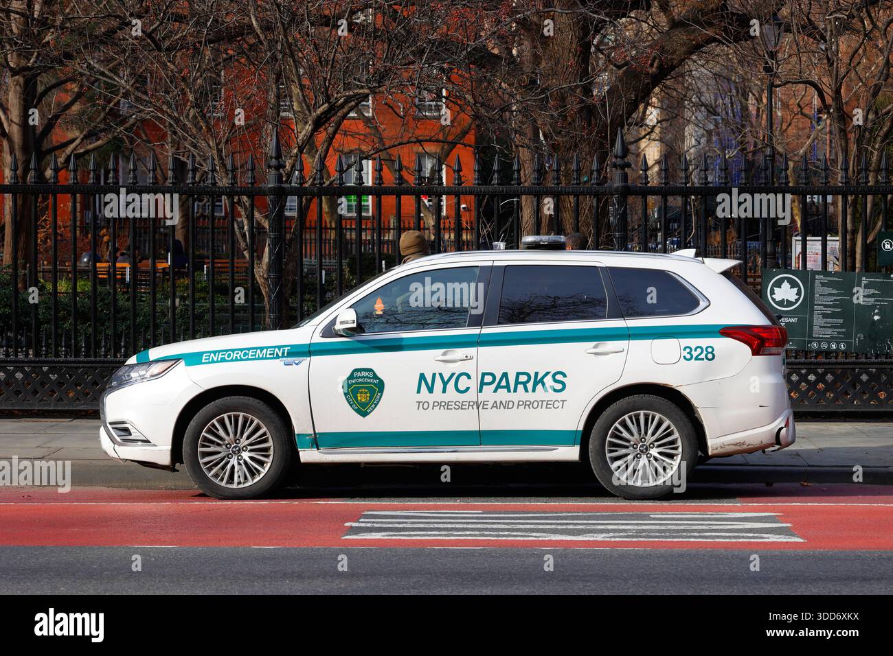 A City of New York NYC Parks enforcement patrol car. The parks department cops that enforce the rules and regulations regarding the usage of parks Stock Photo