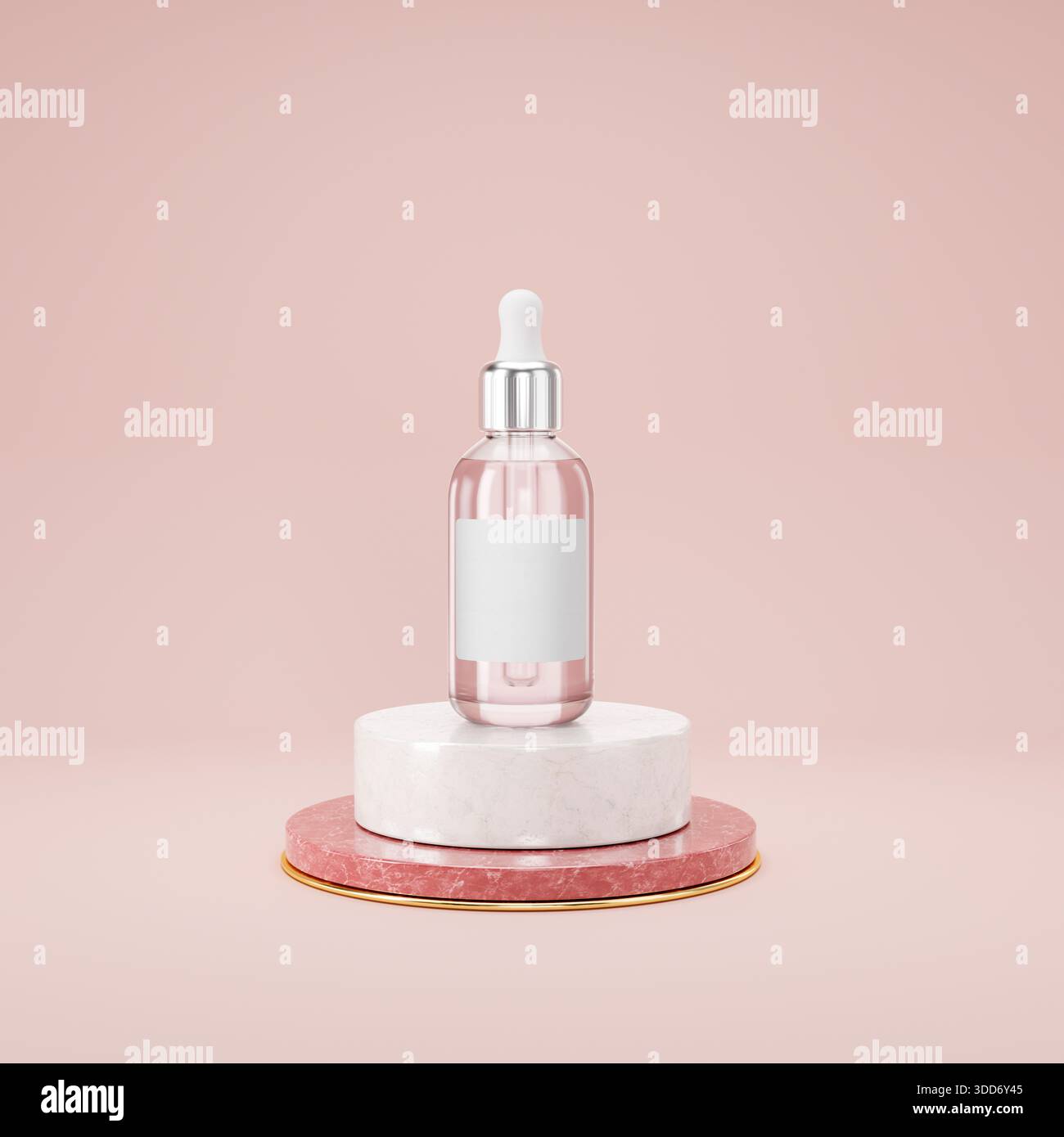 Cosmetic showcase. Serum skincare bottle over a marble and gold pedestal. Hyaluronic acid, cosmetics organic serum product with peptide and empty labe Stock Photo